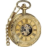 VIGOROSO Vintage Hand Wind Up Pocket Watches for Men, Mechanical Pocket Watch with Chain, Mens Skeleton Pocketwatch
