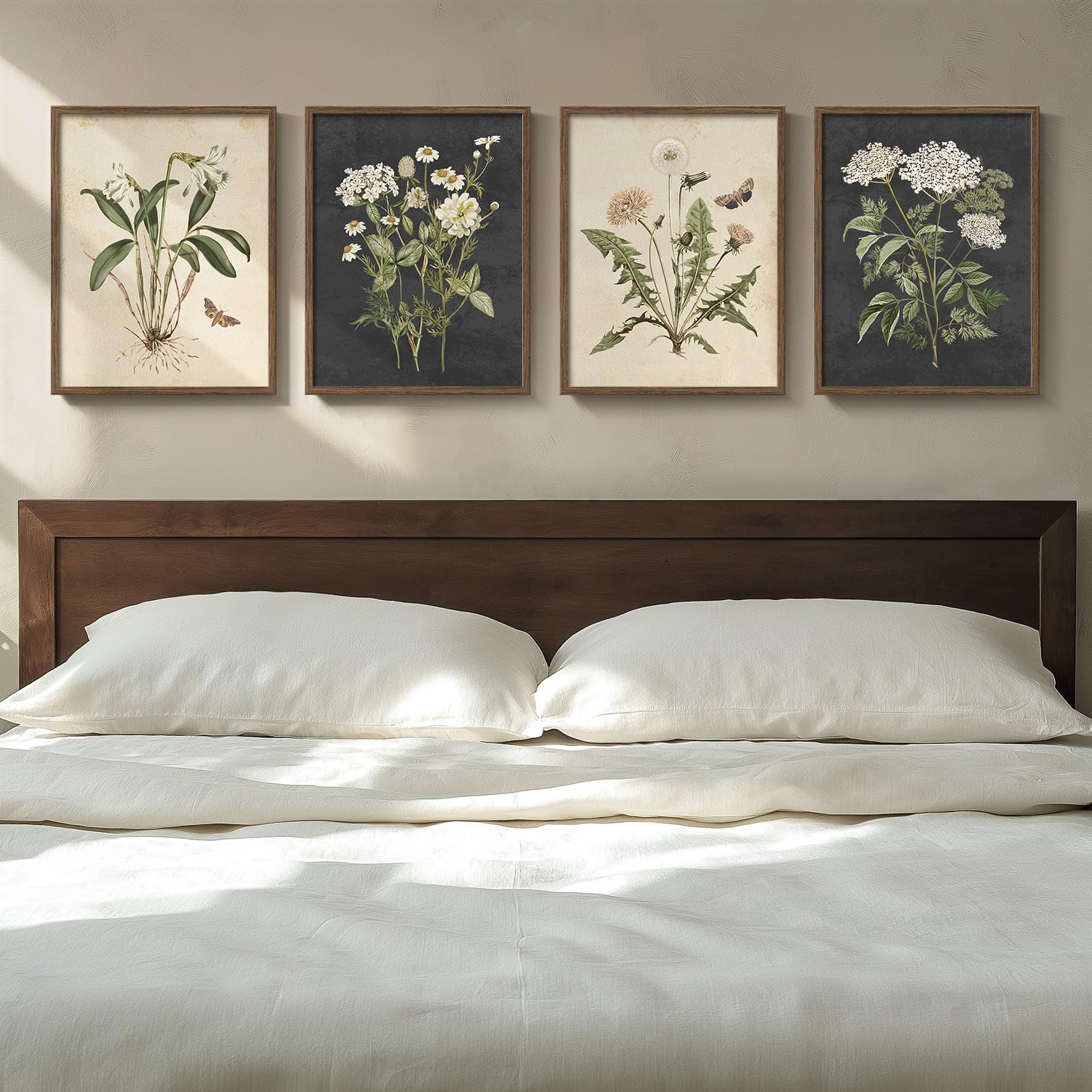 Photo 1 of Framed Botanical Wall Art for Bedroom, 4 Piece Vintage Floral Canvas Painting Prints Artwork for Modern Farmhouse Walls, Rustic Flower Butterfly Pictures for Living Room Kitchen Bathroom Wall Decor