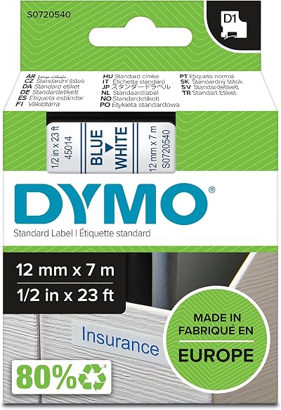 DYMO D1 Labels Blue Print on White Tape 12 mm x 7 m Self-Adhesive