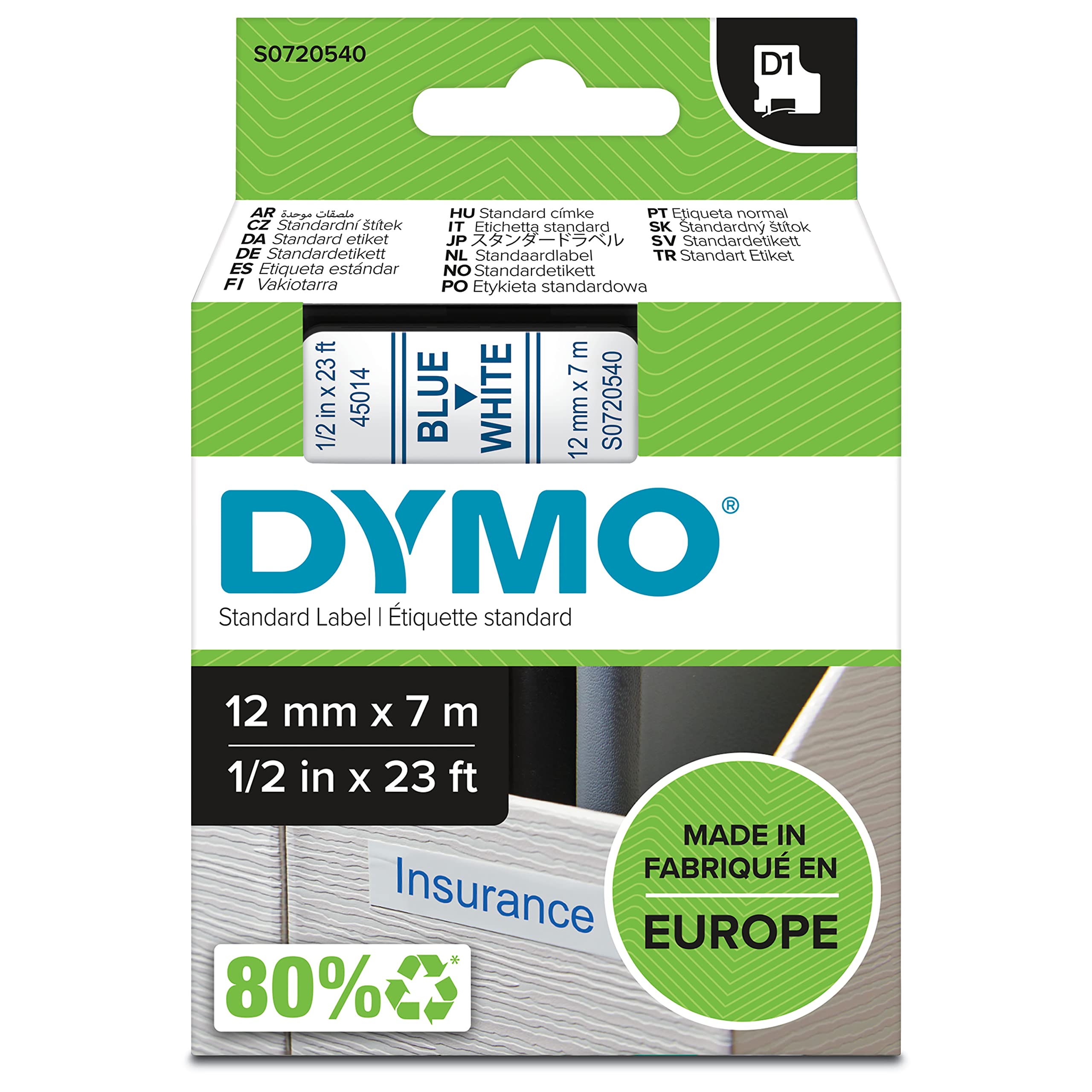 DYMO Authentic D1 Labels | Blue Print on White Tape | 12 mm x 7 m | Self-Adhesive Labels for LabelManager Label Makers | Made in Europe — image 1