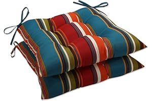Pillow Perfect Stripe Indoor/Outdoor Chair Seat Cushion with Ties, Tufted, Weather, and Fade Resistant, 18.5" x 19", Red/Brown Westport, 2 Count