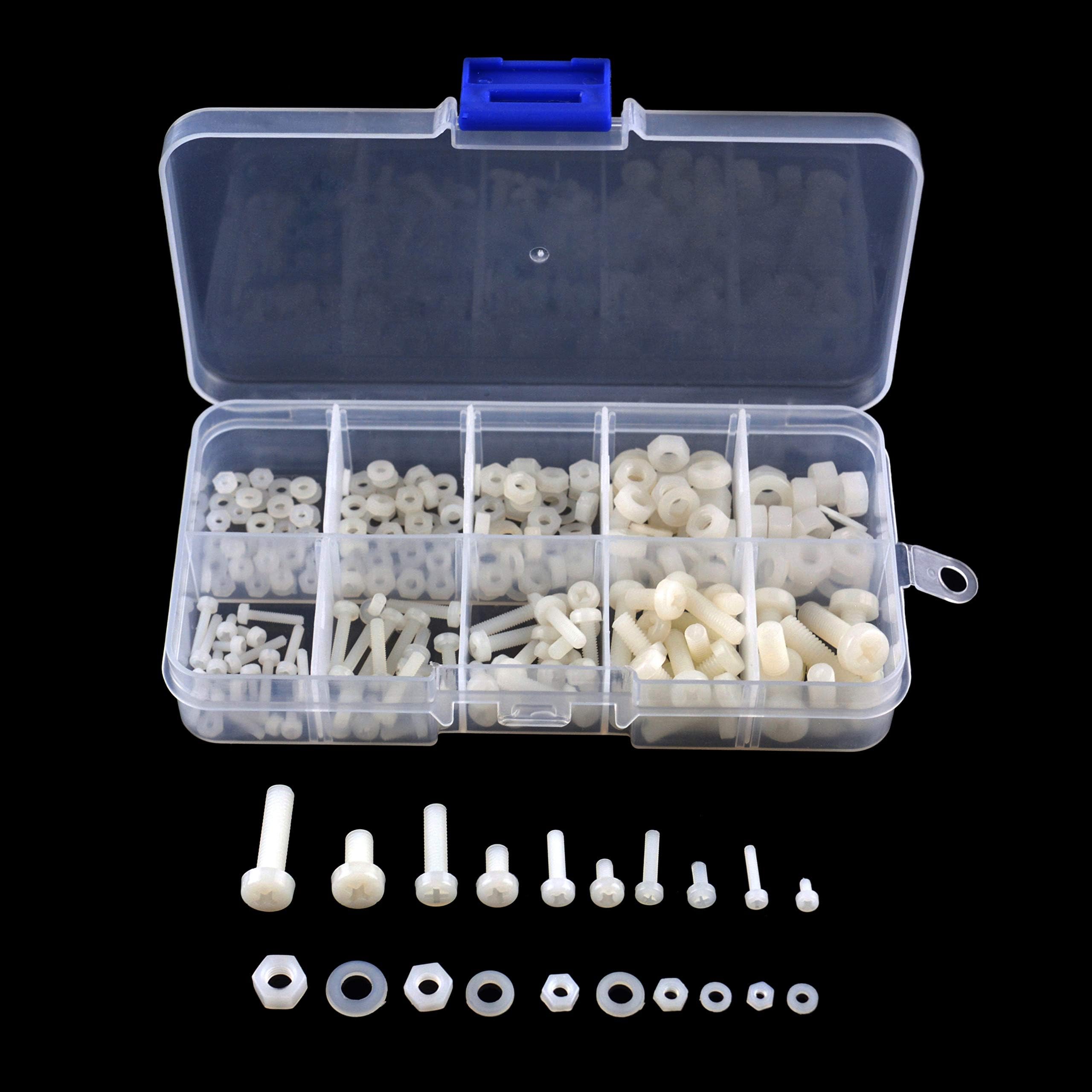 FPVKing M2 M2.5 M3 M4 M5 Nylon Screws Nut Washer Set Assortment Kit 270pcs White Come with Plastic Box for ESC Flight Control Kit
