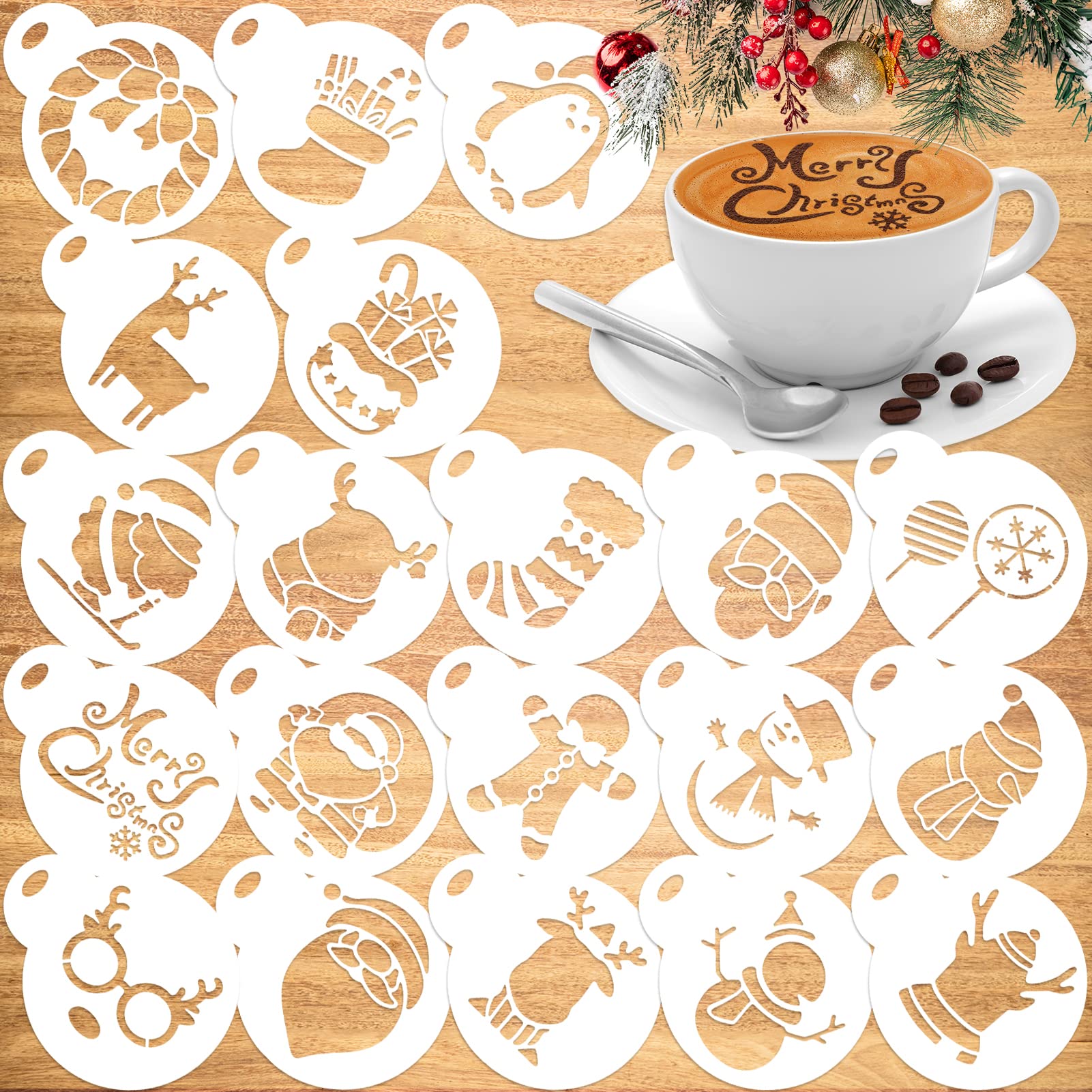 Qpout 20pcs Christmas Cookie Stencil Baking Mold, Xmas Party Fondant Coffee Decoration Embossing Mold, Santa Claus Christmas Stocking Bell Snowman Plastic Small Painting Templates