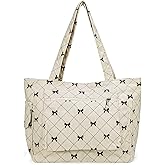 Farcauo Tote Bag for Women Cute Corduroy Shoulder Bag White Bow Tie Canvas Bags Large Capacity Travel Handbag