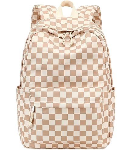 WEVIBOFU Brown White Checkered Backpack for Boys Girls Elementary School Bag Kids Travel Bags Casual Rucksack Laptop Bookbag