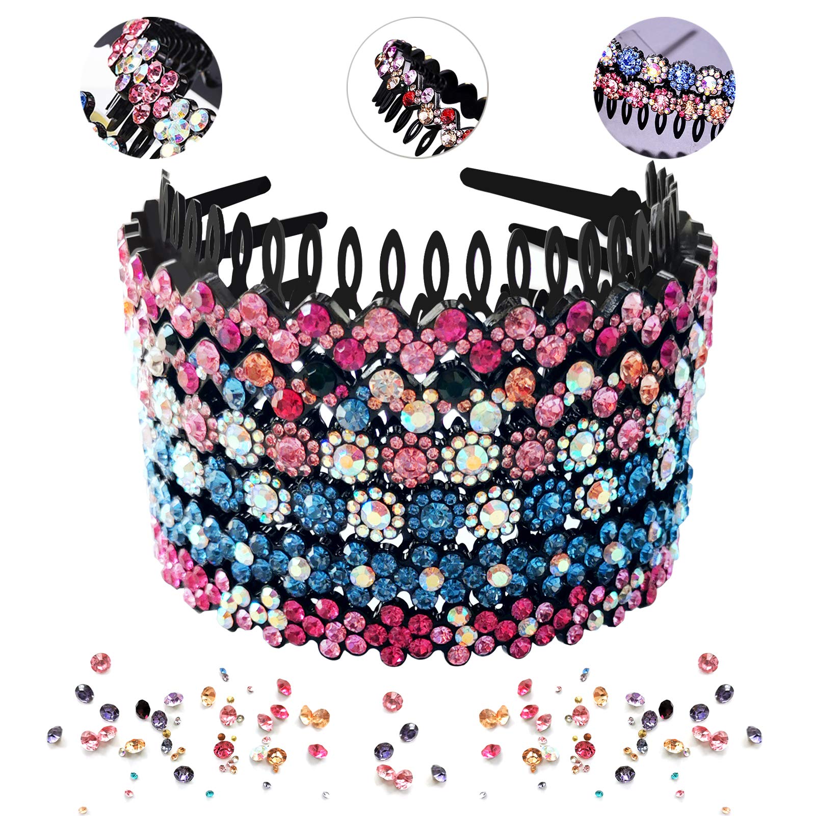 6 Pack Wave Rhinestone Teeth Comb Headbands for Women, ECANGO Flower Crystal Hairband Hair Hoop with Teeth Non-Slip Hard Plastic 3 Pattern (Shiny 6 Colors)