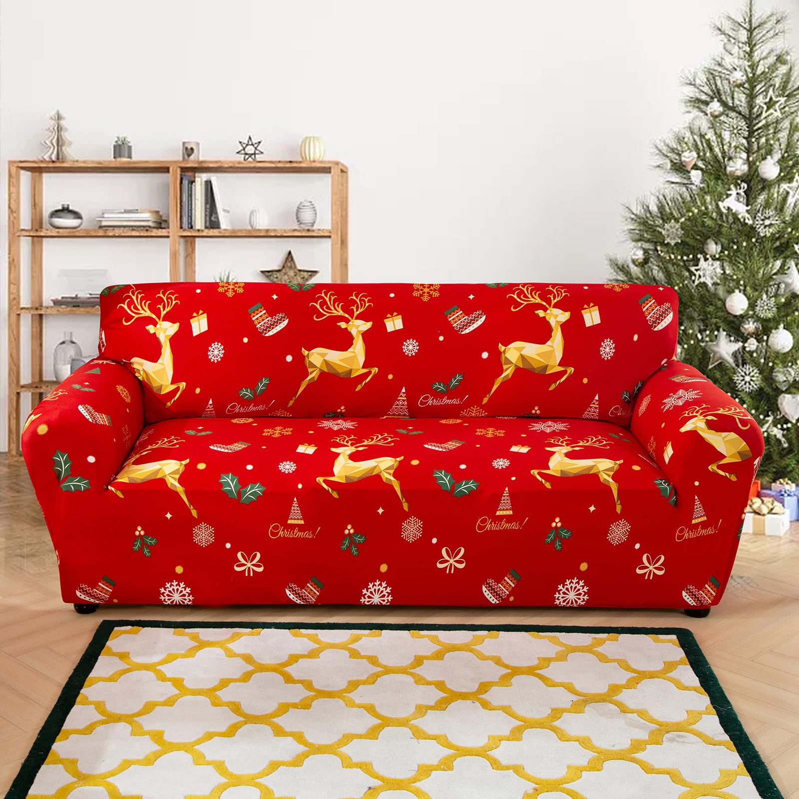 Photo 1 of Anibedding Christmas Stretch Red Sofa Slipcover - Gold Reindeer Loveseat Seat Cover for 2 Cushion Couch Sofa, Xmas Themed Elastic Universal Chair Furniture Protector for Xmas Home Decor (Loveseat)