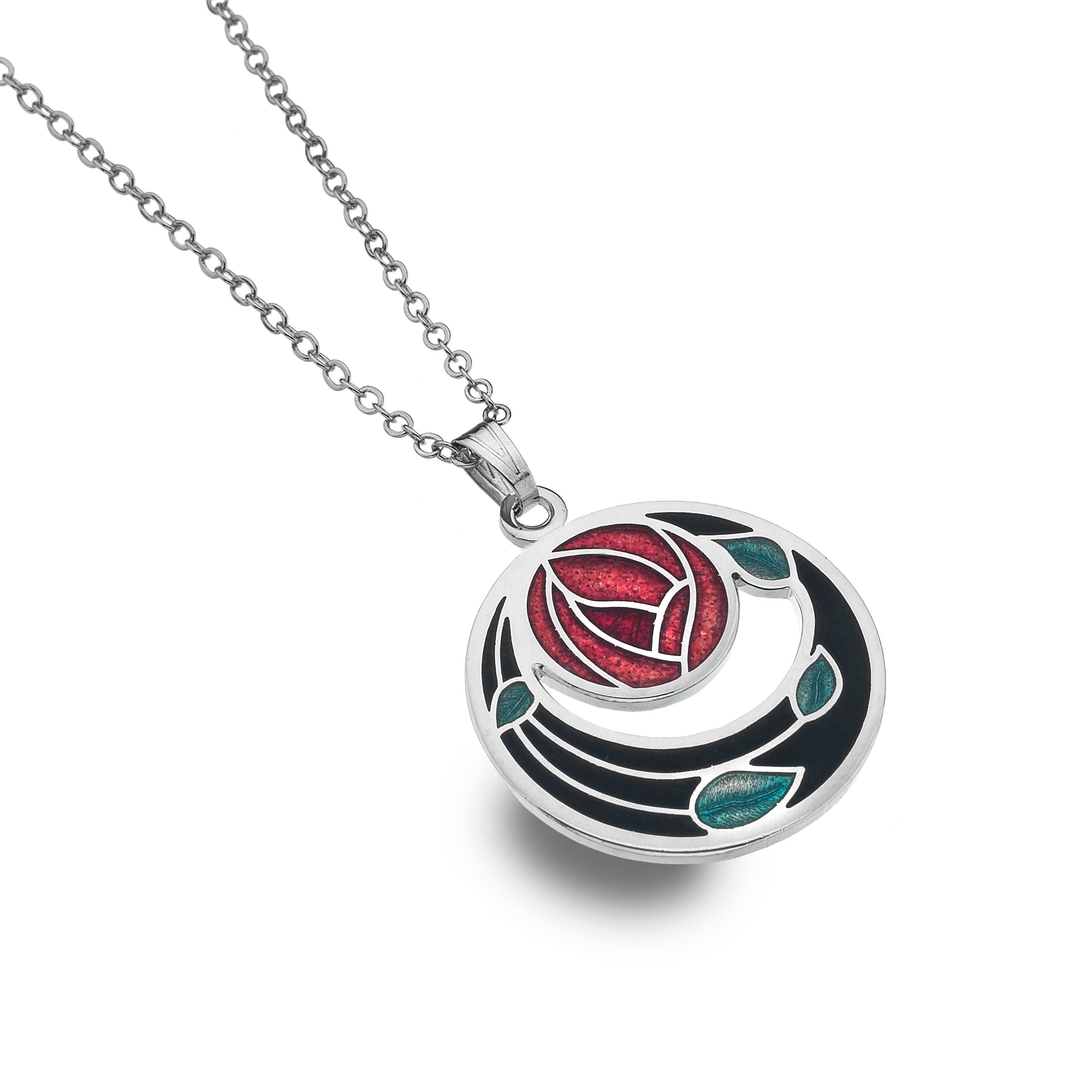 Rennie Mackintosh Inspired Enamelled 25 mm Round Rose and Coils Necklace Pendant On 16 Inch Chain In Presentation Box (Black)