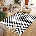Washable Boho 4x6 Area Rugs with Tassels, Thin Soft Retro Black and White Checkerboard Rugs for Bedroom Living Room Entryway Kitchen Dining Room, Mid Century Modern Trendy Accent Throw Carpet