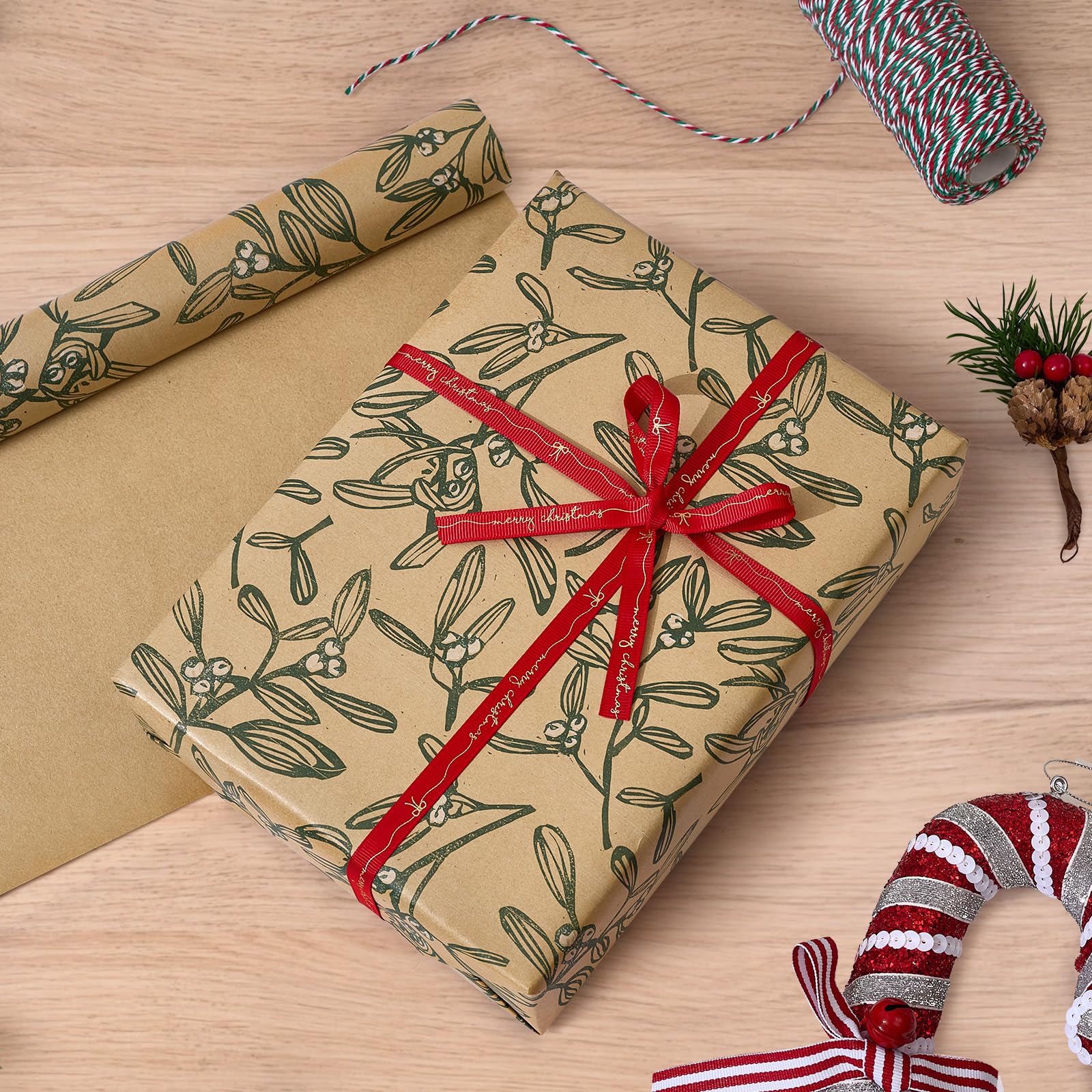 YANGTE Vintage Recyclable Christmas Wrapping Paper Rolls, Brown Kraft Wrapping Paper with Red and Green Pattern, Holiday Gift Wrapping Paper Christmas Rolls, 17x120 inch, 4 Rolls