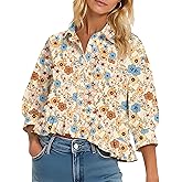 LOMON Womens 3/4 Sleeve Button Down Tops Dressy Casual Collared Shirts Blouses Ruffle Babydoll Tops Loose Fit