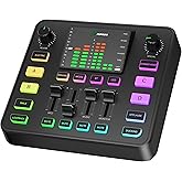 PUPGSIS Gaming Audio Mixer for PC Streaming, Soundboard with Voice Changer | PC/PHONE,1/4" TRS Dynamic Mic interface,Reverb,Denoise,Mute,4 Custom Sounds, 2 interactive sound effects, RGB, Bluetooth