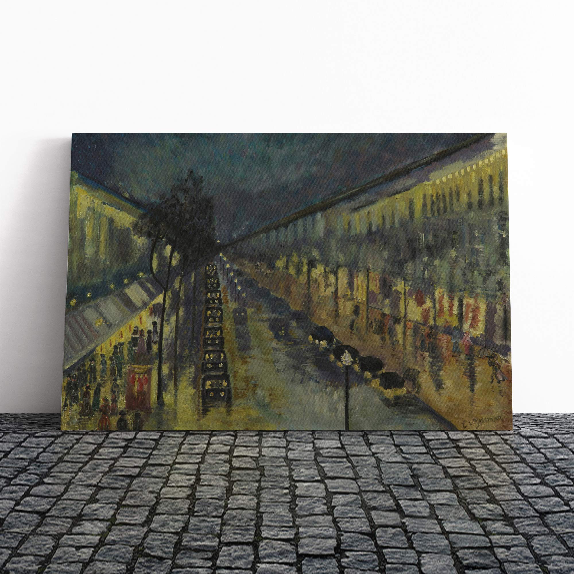 Camille Pissaro Paris, The Boulevard Montmartre at Night Canvas Print | Gallery Wrapped 30mm Frame Wall Art | 20x14 inches | Ready to Hang | Contemporary Picture | Living Room Bedroom Lounge Office