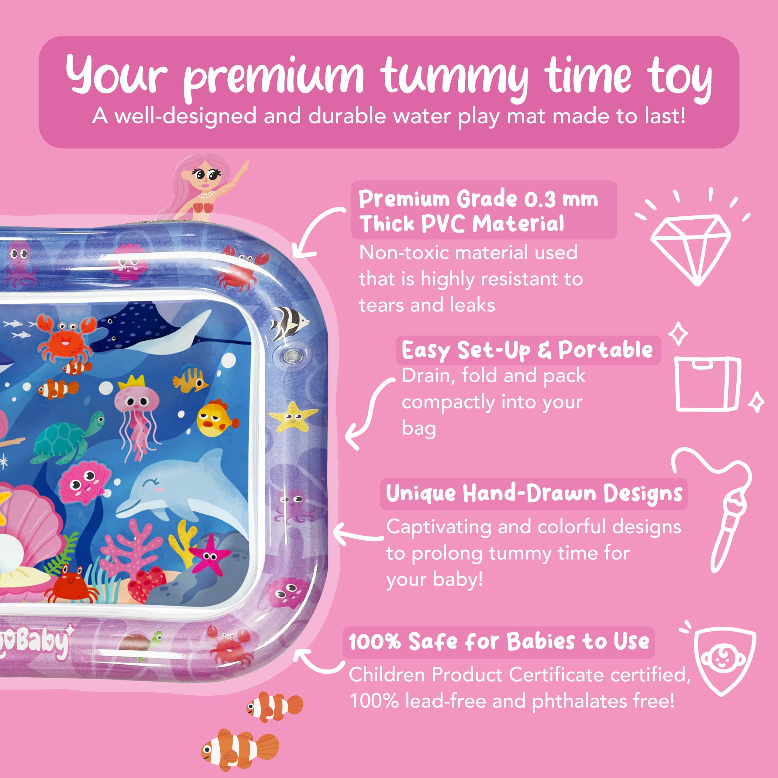 KooKooBaby Water Tummy Time Mat - Large Sensory Baby Water Mat for Tummy Time & Motor Development - Leak-Proof, Durable Play Mat for Babies 3 Months+ - Infant Water Play Mat for Baby Boys & Girls