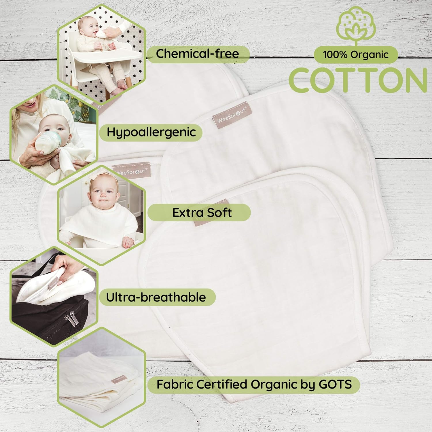 WeeSprout Set of 4 Organic Cotton Burp Cloths - Four Ultra-Absorbent Layers Keep Clothes Dry, Button Transforms Burp Cloth Into Baby Bib, Machine Washable & Dryer Friendly, Unisex for Boys & Girls: Home & Kitchen