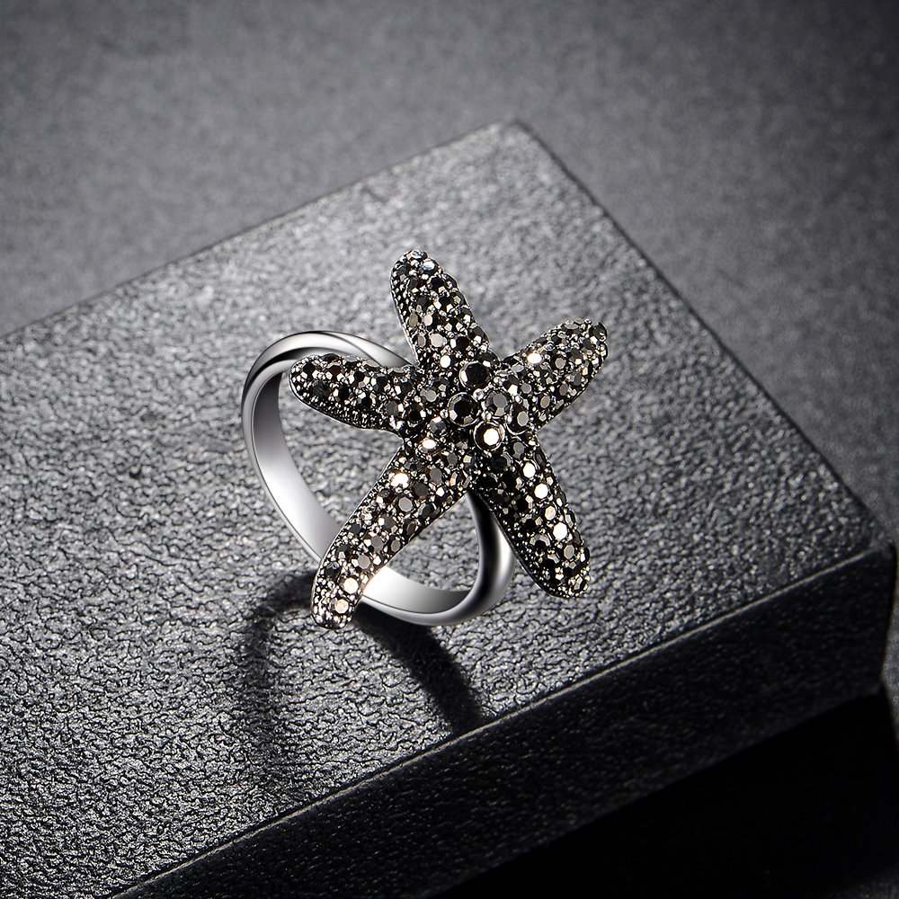 Dnswez Starfish Black Crystal Marcasite Fashion Statement Ring(10)