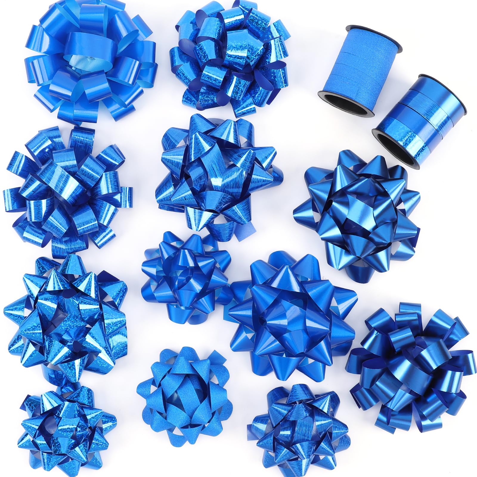 Photo 1 of 14 Pcs Gift Bows Assortment - Assorted Size Gift Bows and 2 Crimped Curling Ribbons, Perfect for Christmas, Holiday, Party (Blue)