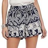Zendrian Bohemian Elephant Print Harem Shorts, High Elastic Waist Summer Beach Shorts