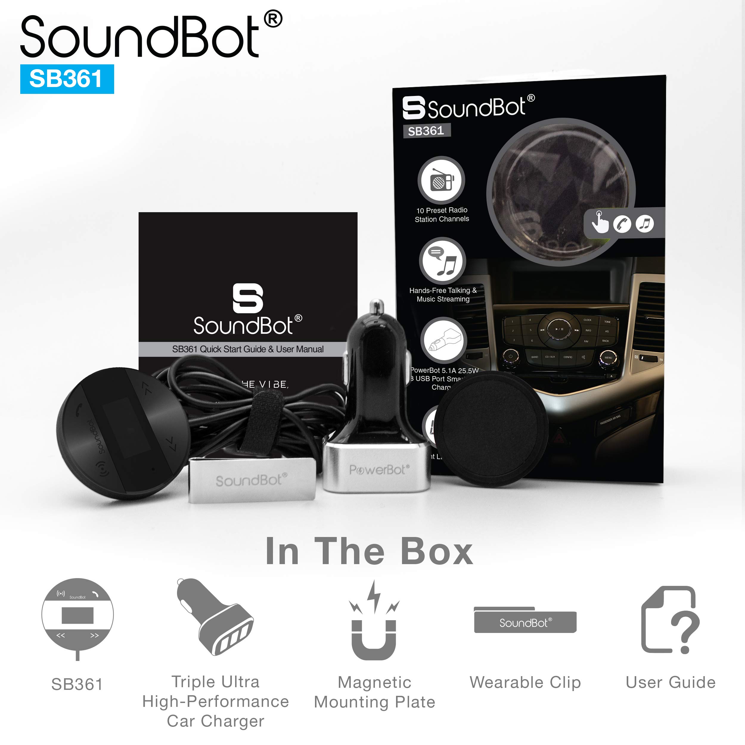 Soundbot SB361 FM Radio Wireless Car Kit Universal Receiver Transmitter Accessory Full Spectrum HD Music Streaming Hands Free Talking LED Display Voice Command Built-in Mic USB ChargerSB361-BLK/BLK
