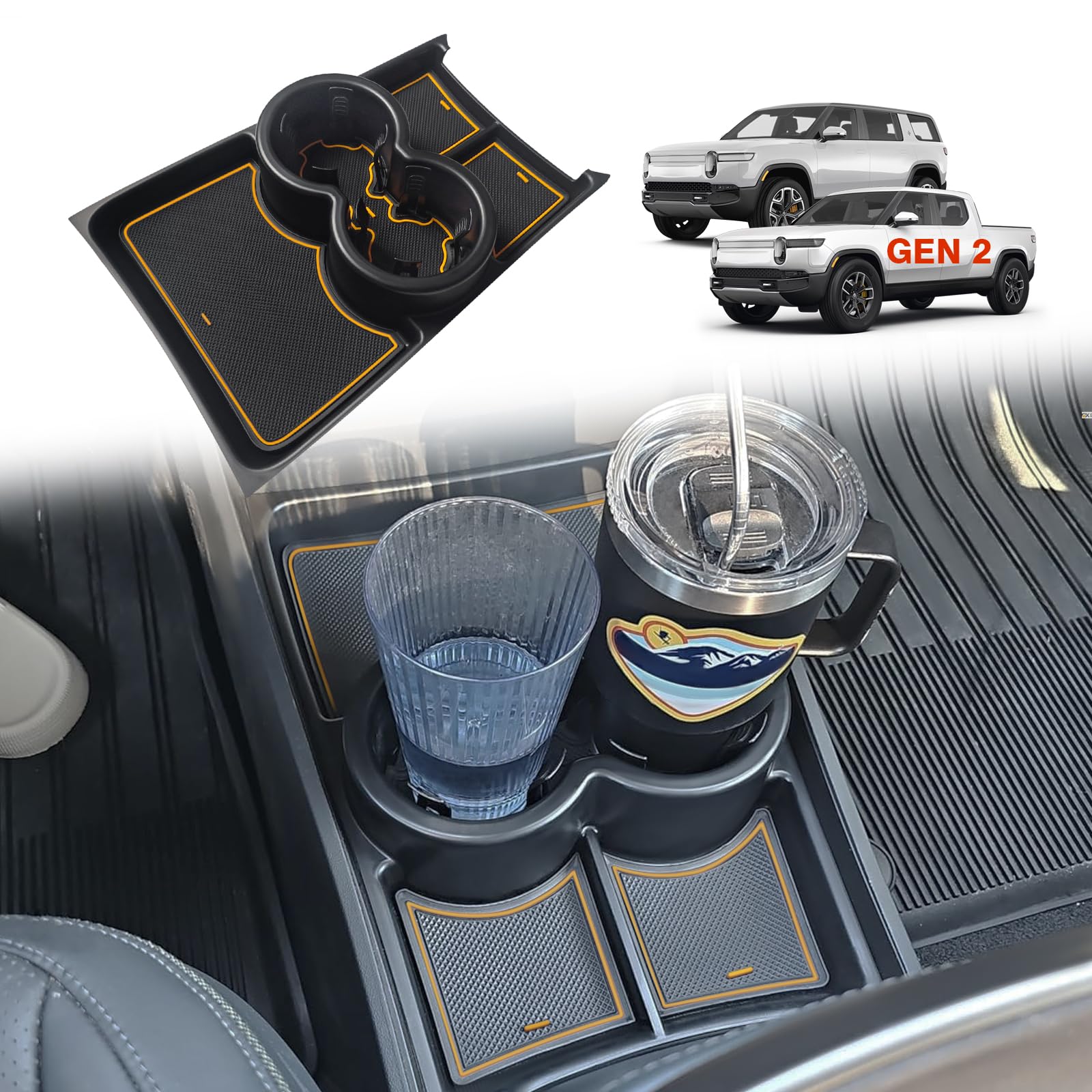 Photo 1 of BestEvMod Gen 2 Lower Center Console Organizer Tray Compatible with Rivian R1T R1S 2026 2025 Gen 2 Fit 32oz Bottle Interior Accessories ABS Material with PVC Trim Floor Console Storage (Yellow)