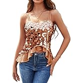 HomRain Women's Sexy Sequin Tops V Neck Strappy Casual Glitter Sparkly Camisole with Ruffle Party Sleeveless Tank Tops