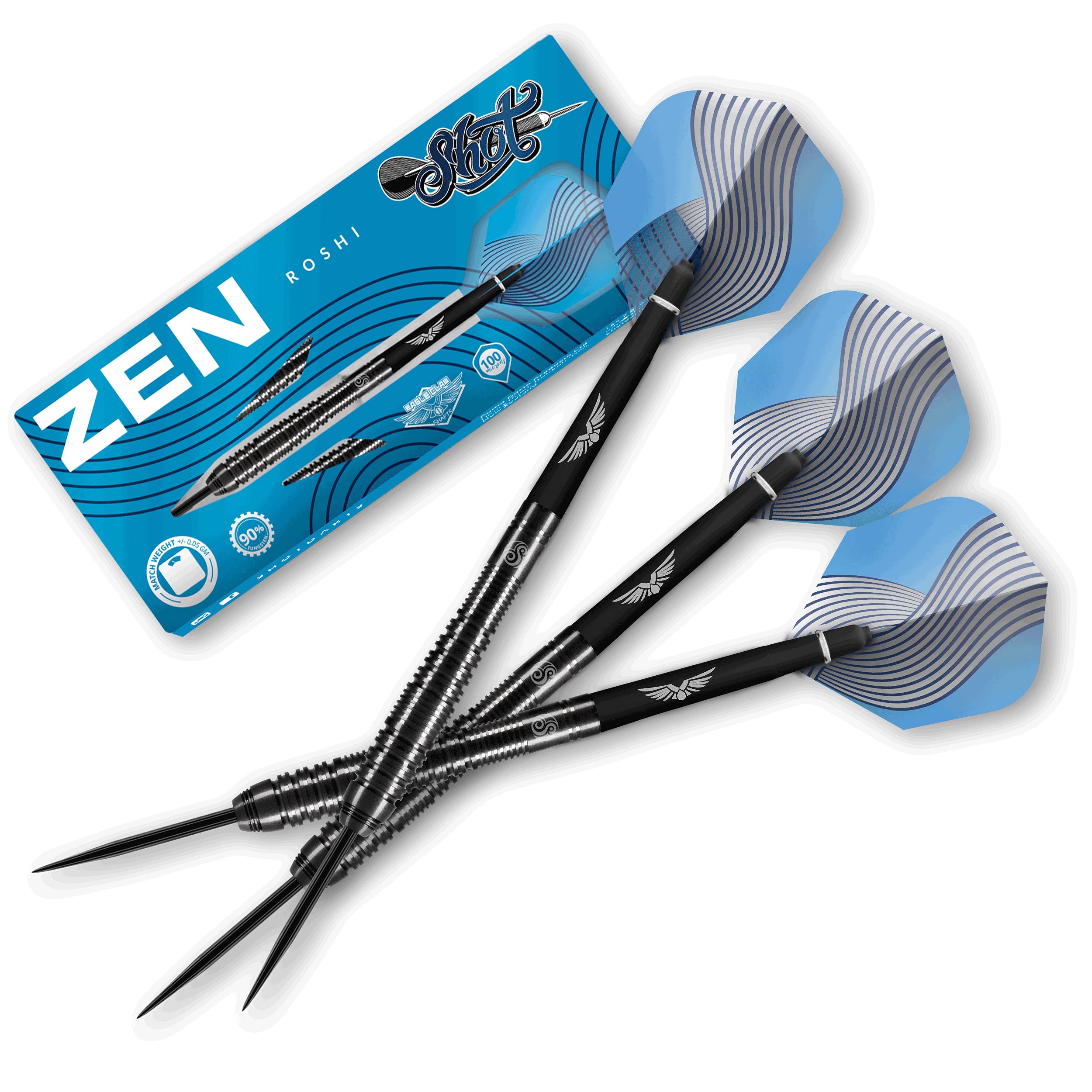 Shot! Darts Zen Roshi 90% Tungsten Pro Throwing Darts Steel Tip Set, Professional - Made in New Zealand - Designed Dart Flights for Women & Men - Metal Tip Bar Darts for Adults (25)
