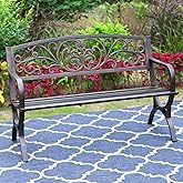 MFSTUDIO 50 Inches Outdoor Garden Bench Cast Iron Metal Frame Floral Bronze | E-Coating Anti-Rust Finish, Weatherproof Outdoor Bench for Patio, Porch, Front Door, Park, Up to 550 Lbs for 2-3 People