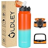 Oldley Insulated Water Bottle 32oz Water Bottles with Straw, Stainless Steel Water Bottle with 3 Lids, Double Wall Vacuum Bottels for Adults School Kids,Leak-Proof Sport Bottles, Ombre Orange-green