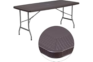 Flash Furniture Elon 5.62-Foot Brown Rattan Indoor-Outdoor Plastic Folding Table with Umbrella Hole