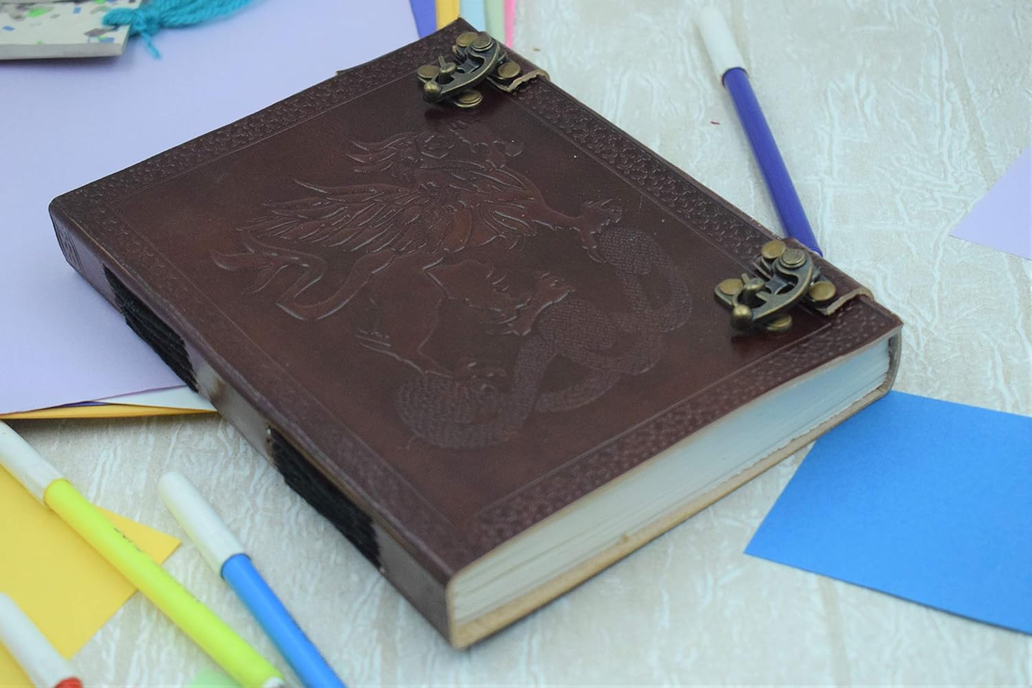 OVERDOSE Vintage Celtic Griffin Journal Dragon Diary with Dual C-Lock - Handmade Antique Journal, Brown, A5 - Image 3