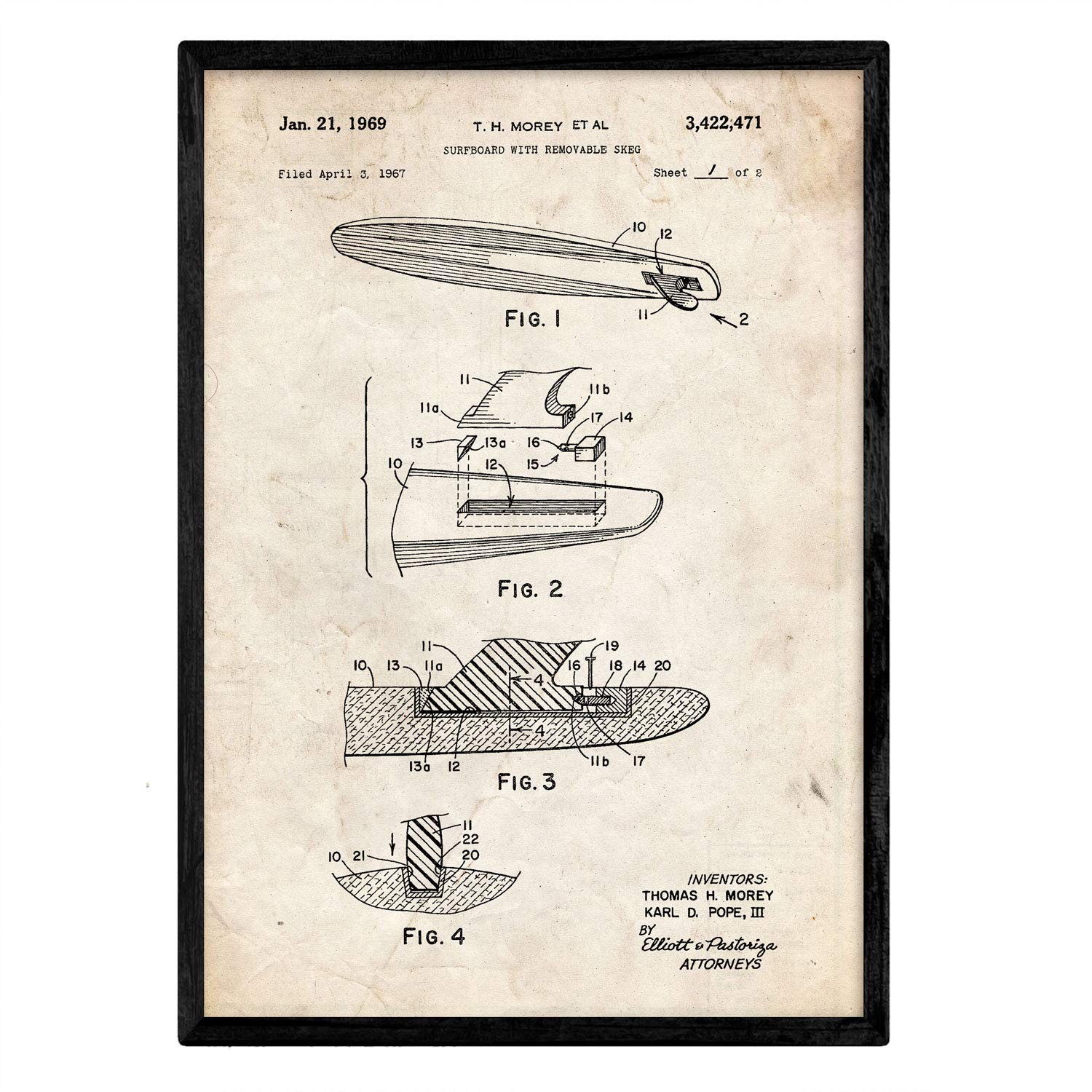 Nacnic Poster Surf's patented keel. Sheet with old design patent in A3 size and vintage background