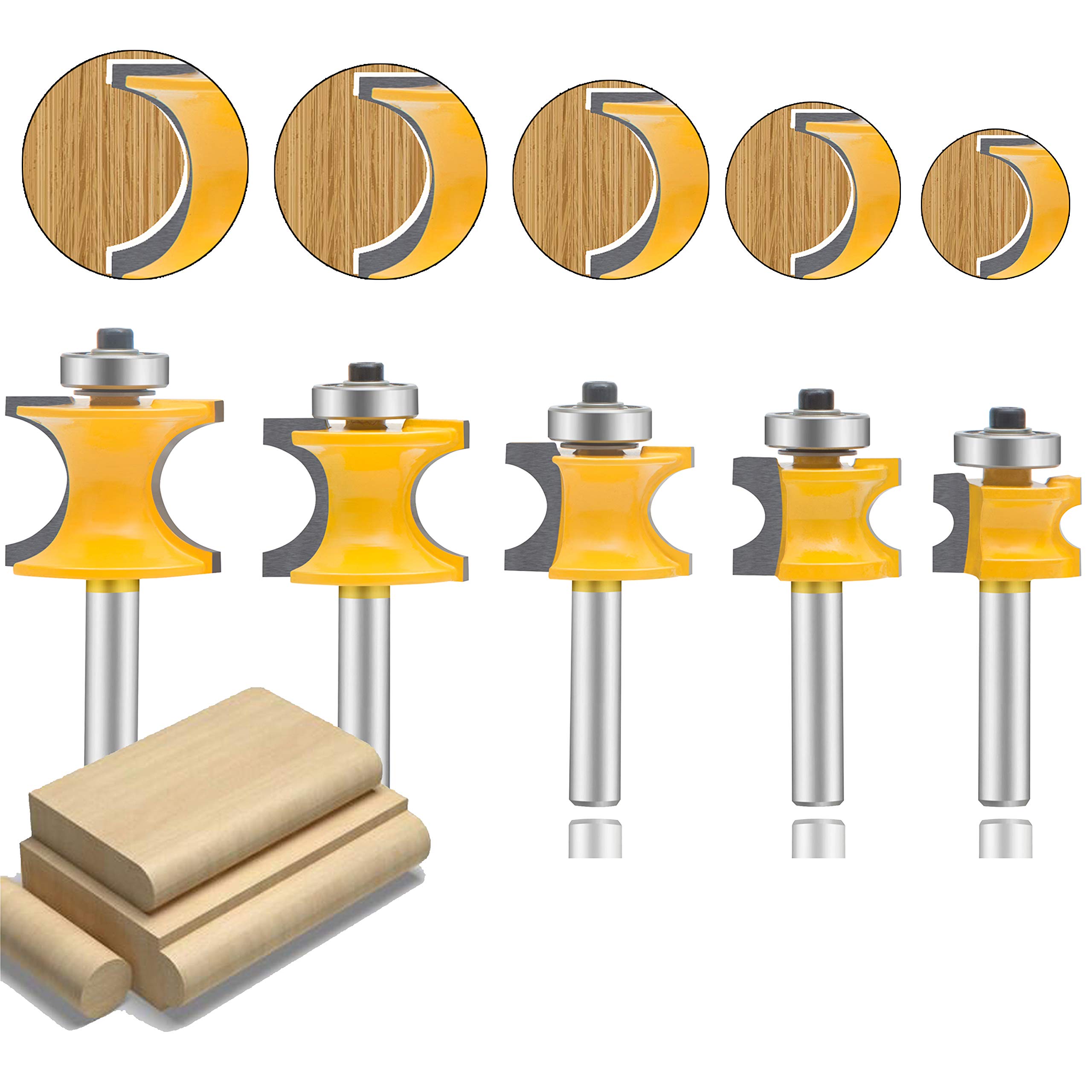 LEATBUY-TECH Bullnose Router Bit 1/4 Inch Shank Set 5PCS, Radius Half Round Bearing Wood Milling Cutter Drilling Carbide Tool For Door Table Cabinet Shelve(1/4 Half Round)
