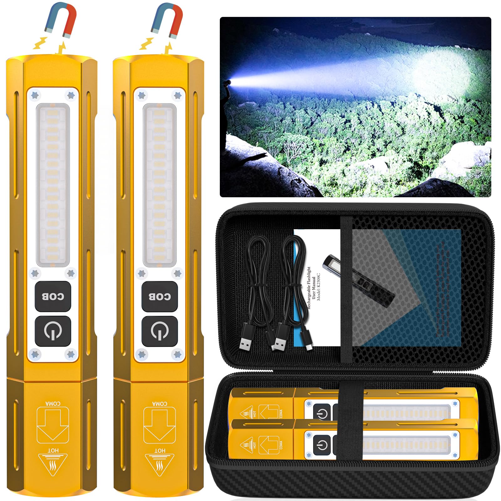 Banral Rechargeable Flashlights High Lumens - Super Bright Small Pocket Magnetic Flashlight, 8 Modes LED Tactical Flash Light, Dual Button Powerful Flashlight for Camping (2, Yellow Gold) Image