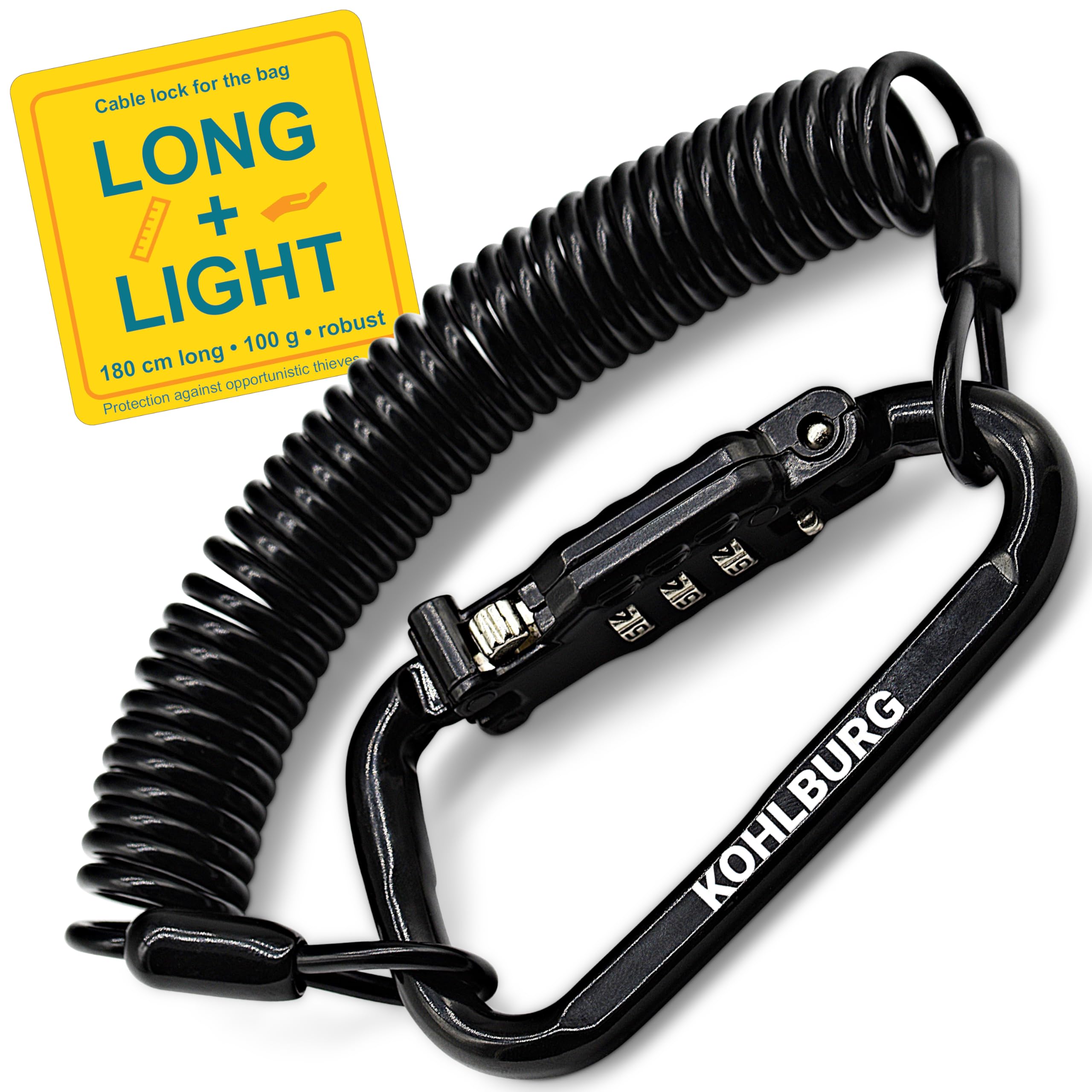 KOHLBURG Combination Cable Lock [180cm Extra Long & Lightweight] for Your Pocket - Combo Small Bike Lock, 3mm Thick as Stroller & Pram Lock - Cycle & Motorcycle Helmet, Scooter, Snowboard & Ski Lock