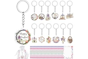 LTEIWFPE 36 Sets Easter Acrylic Christian Keychain Gifts Bulk He is Risen Cross Egg Religious Key Ring Floral Cards Organza B