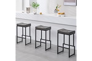 FIRAVOE Bar Stools Set of 3, 28" Counter Height Bar Stools, Faux Leather Barstools for Kitchen Island, Backless Saddle Stools with Metal Legs (Grey, 3PCS 28" Bar Stools)