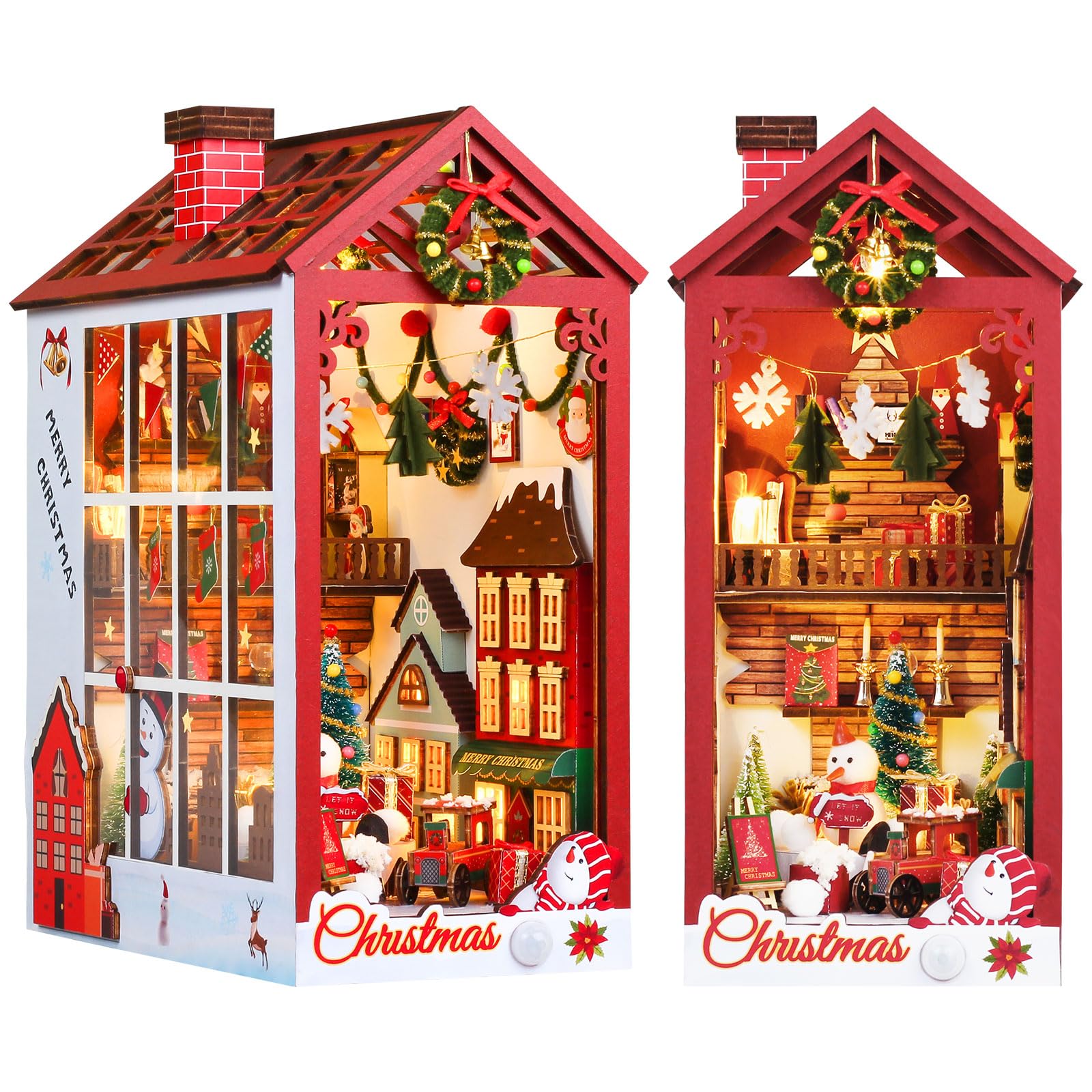 Book Nook Kit, Miniature dolls house kit Christmas DIY Dollhouse with Sensor Led Light, 3D Wooden Puzzles, for 14+ Teens and Adults Building