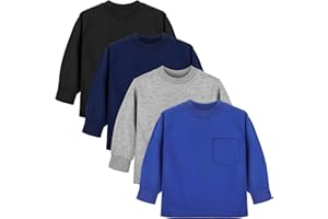 Cooraby 4 Pack Toddler Boys Long-Sleeve Shirts with Pocket Crewneck Pullover Shirt Solid Long Sleeve Cotton Top