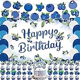 59 Pcs Blueberry Birthday Party Supplies, Berry Fruit Themed Party Decoration Backdrop Balloons Cake Cupcake Topper for Berry First Birth Day Themed Party Decor