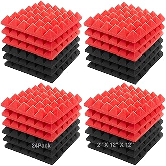 JBER Acoustic Sound Foam Panels, 24 Pack 2" X 12" X 12" Red and Black Soundproofing Treatment Studio Wall Padding Sound Absorbing Fireproof Pyramid