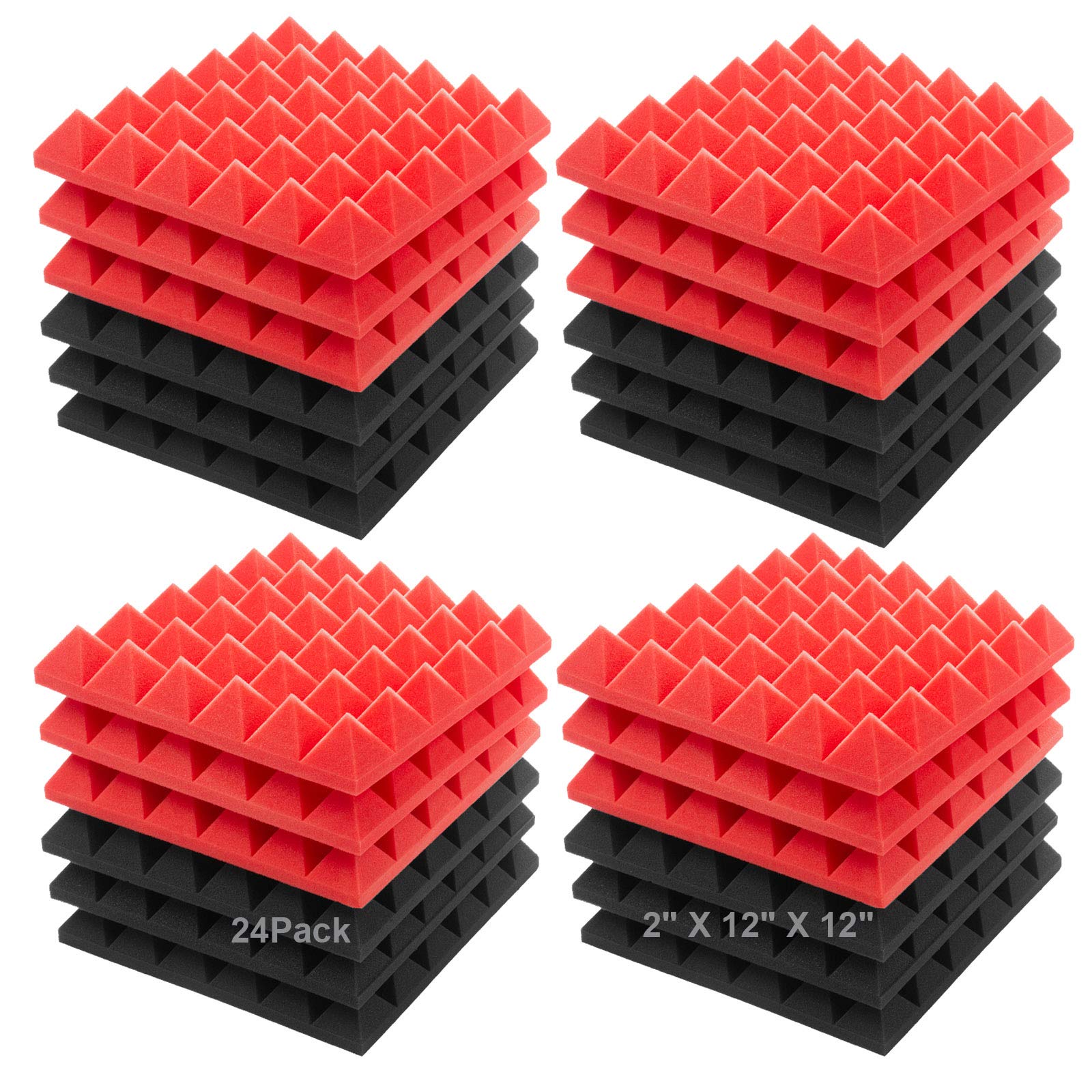 JBER Acoustic Sound Foam Panels, 24 Pack 5 X 30 X 30cm/2" X 12" X 12" Red and Black Soundproofing Treatment Studio Wall Padding Sound Absorbing Fireproof Pyramid Acoustic Treatment