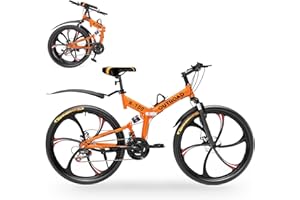 Omelaza 26 ich Folding Mountain Bike, 21 Speed High Carbon Steel Mountain Bike for Adults with 26 Inches Durable Tires, Front Suspension Folding Bicycle for Women and Man