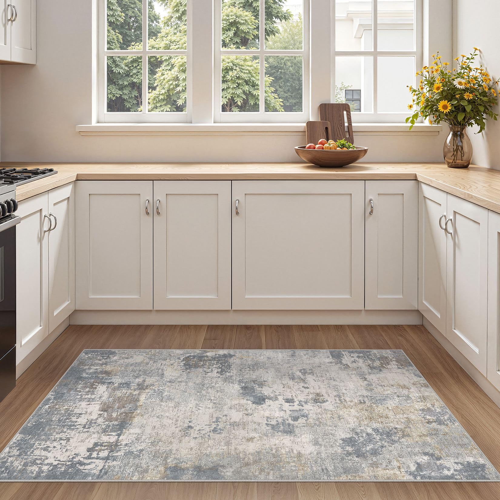 UERMEI 3x5 Area Rug Living Room Rugs - Washable Neutral Modern Abstract Soft Thin Rug Indoor Floor No Slip Rug Carpet for Bedroom Under Dining Table Home Office Decor - Blue Grey Image