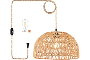 QIYIZM Plug in Pendant Light Rattan Hanging Lights with Plug in Cord Wicker Hanging Lamp with Woven Bamboo Basket Lamp Shade,Dimmable Switch,Boho Ceiling Light Fixtures for Kitchen,Farmhouse,Bedroom