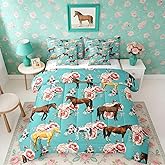 Erosebridal Kids Horse Twin Comforter Set 7 Pieces, Chic Retro Floral Bed in A Bag, Galloping Horse Printed Bedding Set with Comforters, Sheets, Pillowcases Farm Animal Bedroom Decor