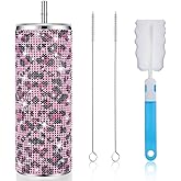 Tessco Bling Tumbler Cups Rhinestones with Straw Glitter Water Bottle Stainless Steel Straw Tumbler Insulated Bling Cup with Lid Brush for Teacher Graduation Season Gifts(20 oz,Pink Leopard Print)
