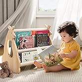 Lullulii Double Sided Kids Bookshelf –2 Tier Portable Toddler Bookshelf,Book Shelf for Kids Rooms & Playroom,Wooden Montessori Baby Bookshelf,Toddler Book Display Shelves (Nature, Kangaroo)