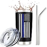 JENVIO Thin Blue Line Police Tumbler | Stainless Steel Travel Mug Including 2 Lids 2 Straws Gift Box for Coffee Cup | Correctional for Him | Cops Officer Valentine's Day Gift