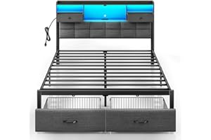 Rolanstar Bed Frame Full Size with Drawers and Charging Station, Upholstered Platform Bed with Storage Headboard and LED Light, Heavy Duty Metal Frame Support, No Box Spring Needed, Noise Free, Grey