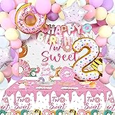 ZOiiWA 143Pcs Two Sweet Birthday Party Decorations Girls Donut tableware Set Sweet Donut 2nd Party Plates Napkins Backdrop Tablecloth Banner Balloons for Baby Girls 2 Years Old Birthday Party Supplies